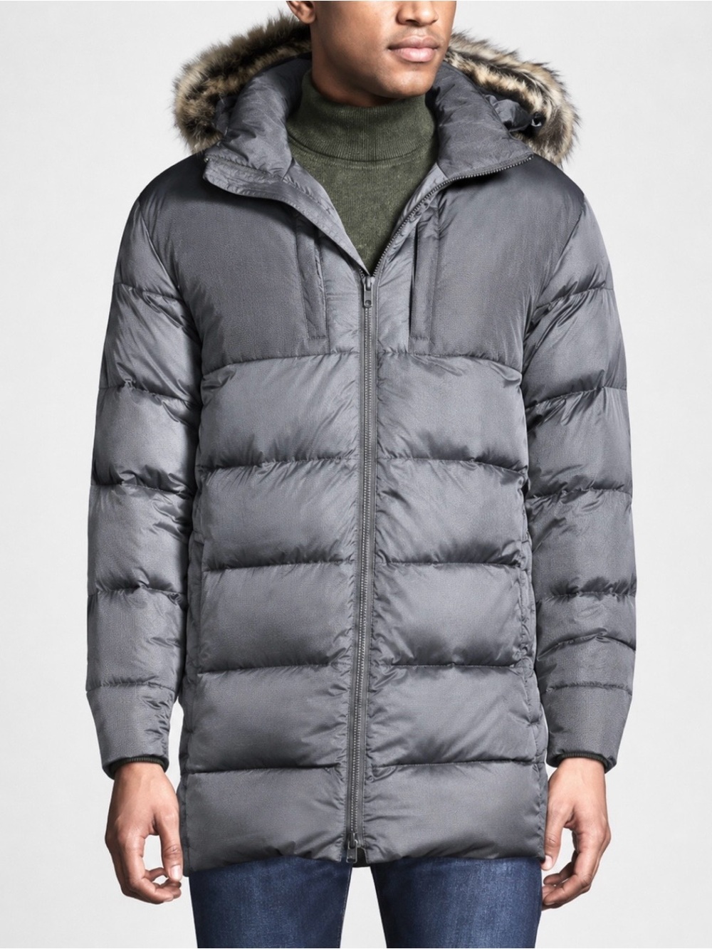 LANDSEND Mens Down Wide Channel Parka Removable Hood Lightweight Warmth CHARCOAL